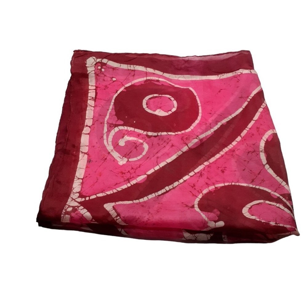 100% Silk Scarf Hand Rolled Edge Batik Flowers Red and Pink India 21" square